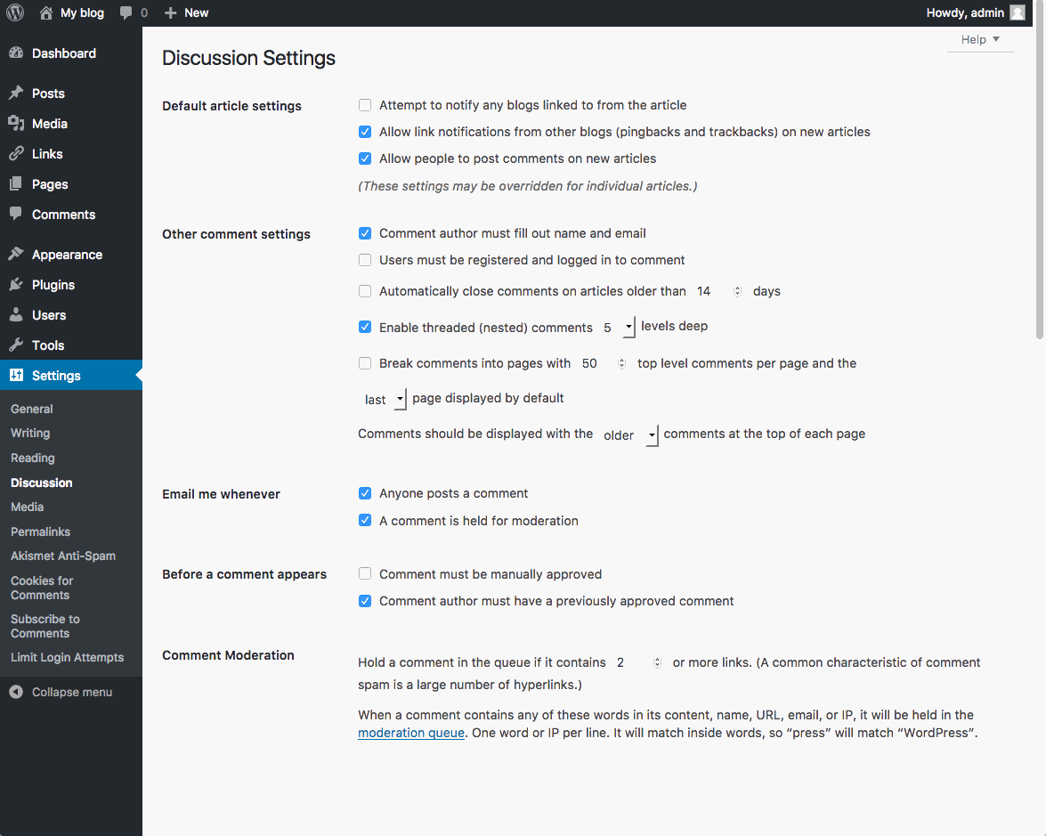 screen shot of discussion settings, part 1