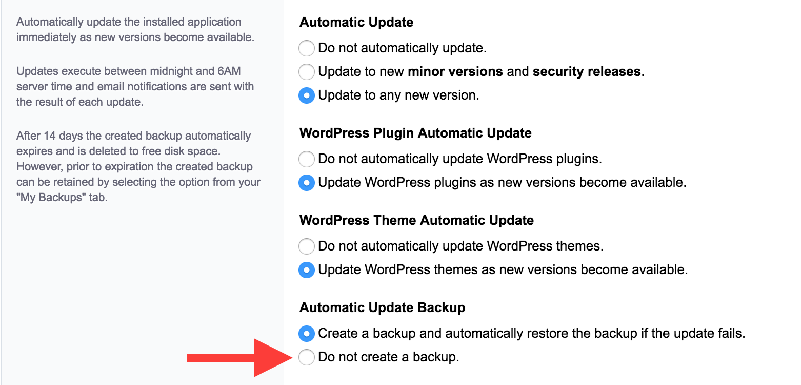 Application Backups screen with an arrow pointing to "Do not create a backup" under "Automatic Update Backup"