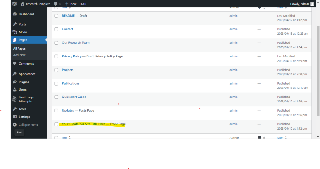 Screenshot of WordPress Dashboard with Front Page highlighted