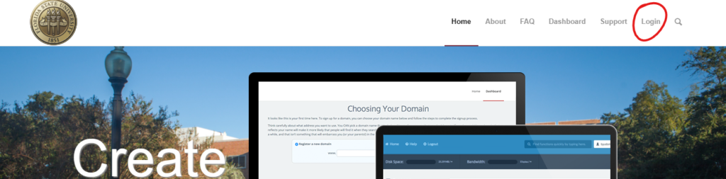 CreateFSU homepage with "Login" in top right corner circled