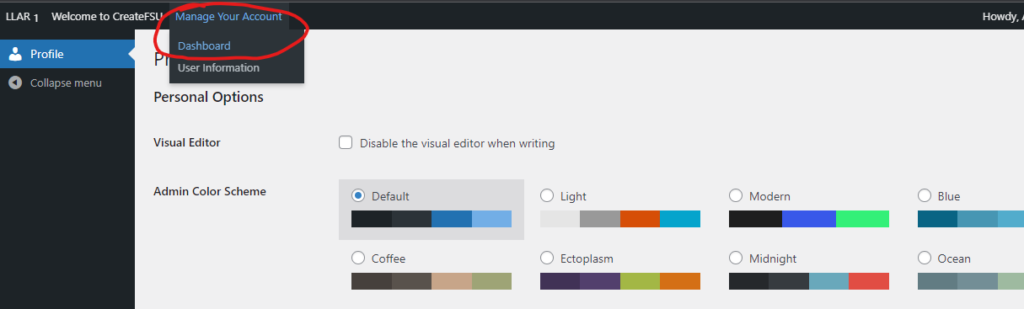 Screenshot of a CreateFSU profile page pointing to the menu item "Manage Your Account" and the submenu item "Dashboard"