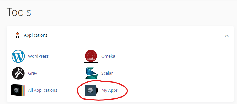 cPanel dashboard with "My Apps" circled under "Applications"