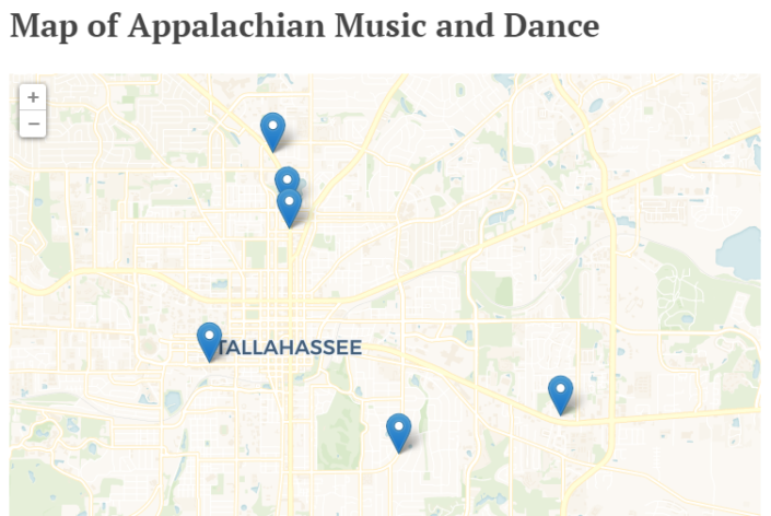 Map of Appalachian music and dance sites in Tallahassee